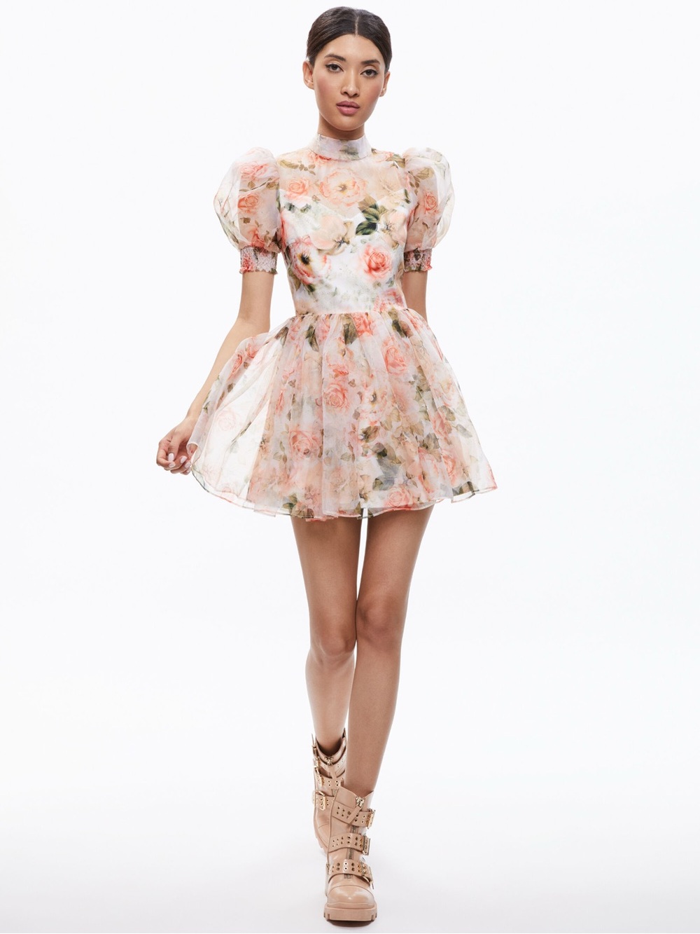 Alice + Olivia Peach Floral Puff-Sleeve Mini Dress - Picture 3 of 7